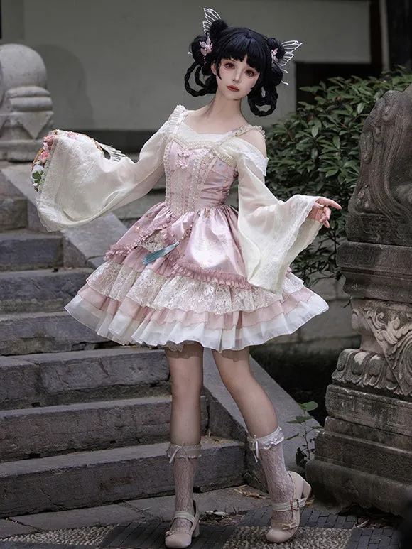 Vintage Pink Sweet Lolita Dress with Layered Lace and Embroidered Details