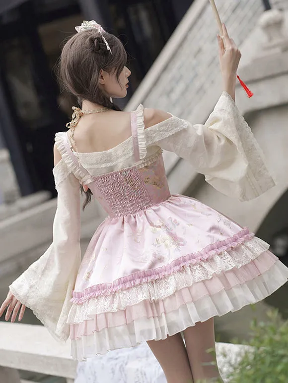 Vintage Pink Sweet Lolita Dress with Layered Lace and Embroidered Details