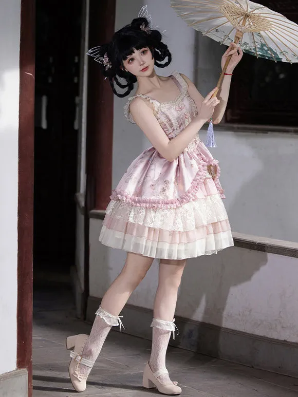 Vintage Pink Sweet Lolita Dress with Layered Lace and Embroidered Details