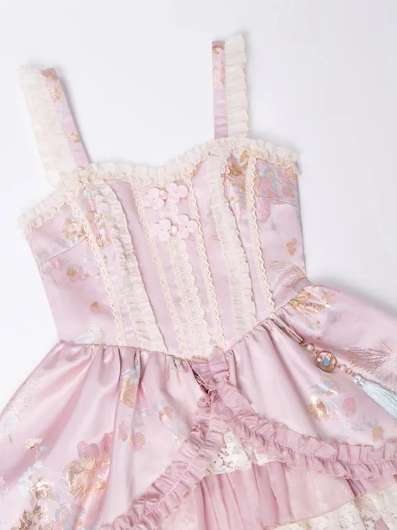 Vintage Pink Sweet Lolita Dress with Layered Lace and Embroidered Details
