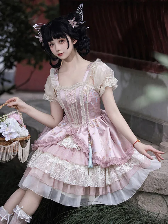 Vintage Pink Sweet Lolita Dress with Layered Lace and Embroidered Details