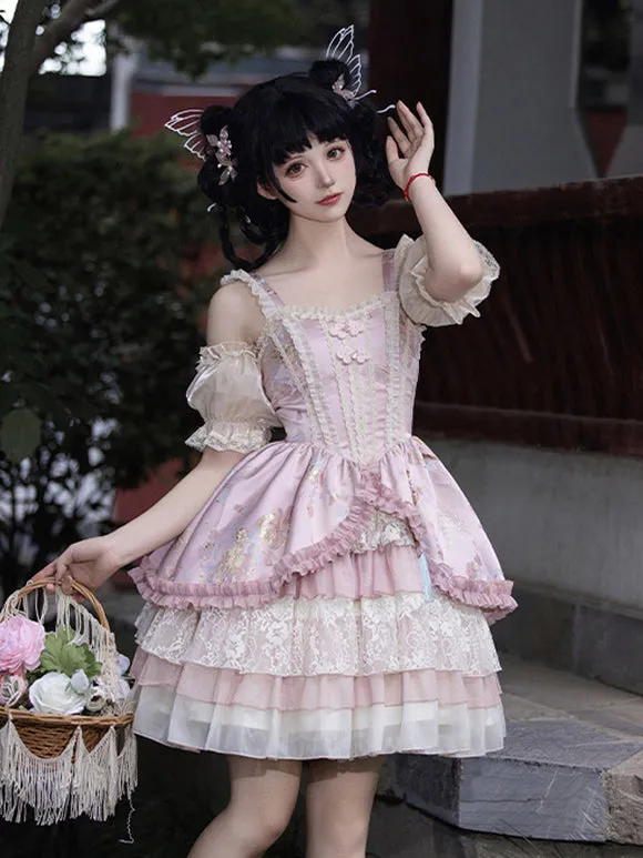 Vintage Pink Sweet Lolita Dress with Layered Lace and Embroidered Details