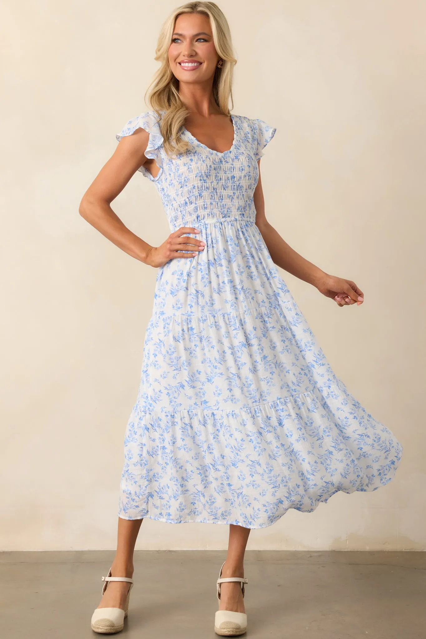 When In Rome Light Blue Floral Smocked Flutter Sleeve Midi Dress