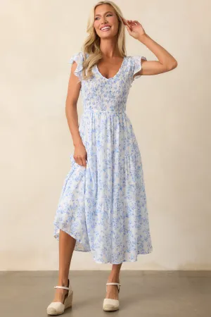 When In Rome Light Blue Floral Smocked Flutter Sleeve Midi Dress