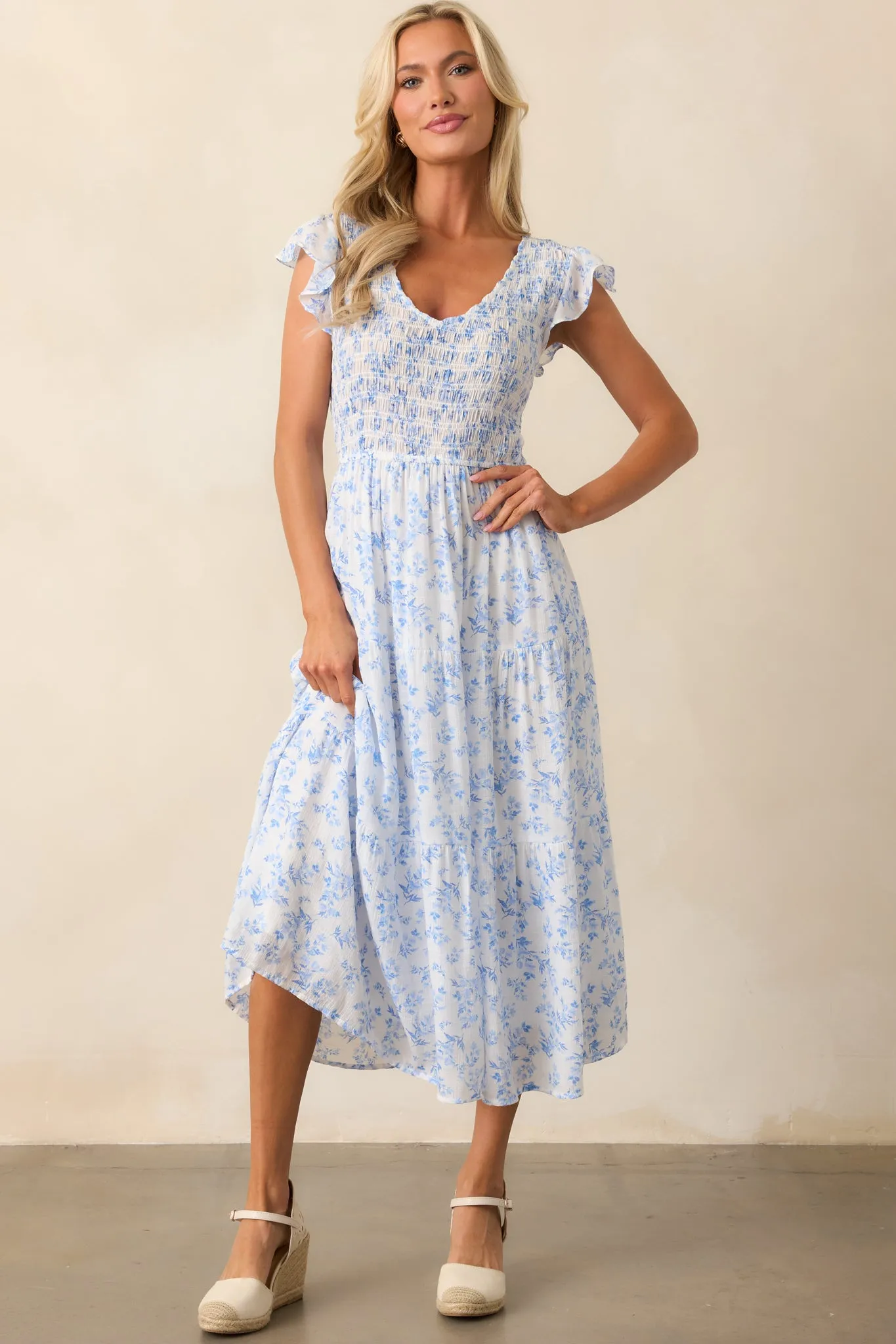 When In Rome Light Blue Floral Smocked Flutter Sleeve Midi Dress
