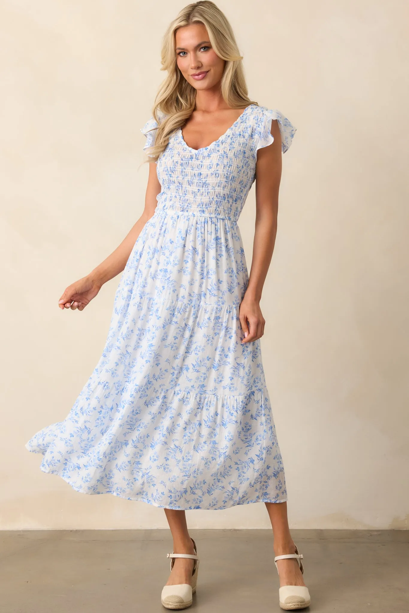 When In Rome Light Blue Floral Smocked Flutter Sleeve Midi Dress