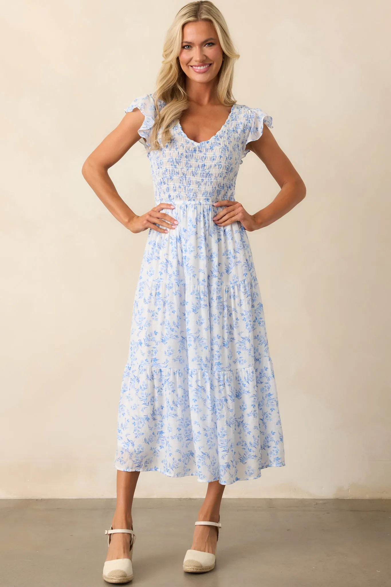 When In Rome Light Blue Floral Smocked Flutter Sleeve Midi Dress
