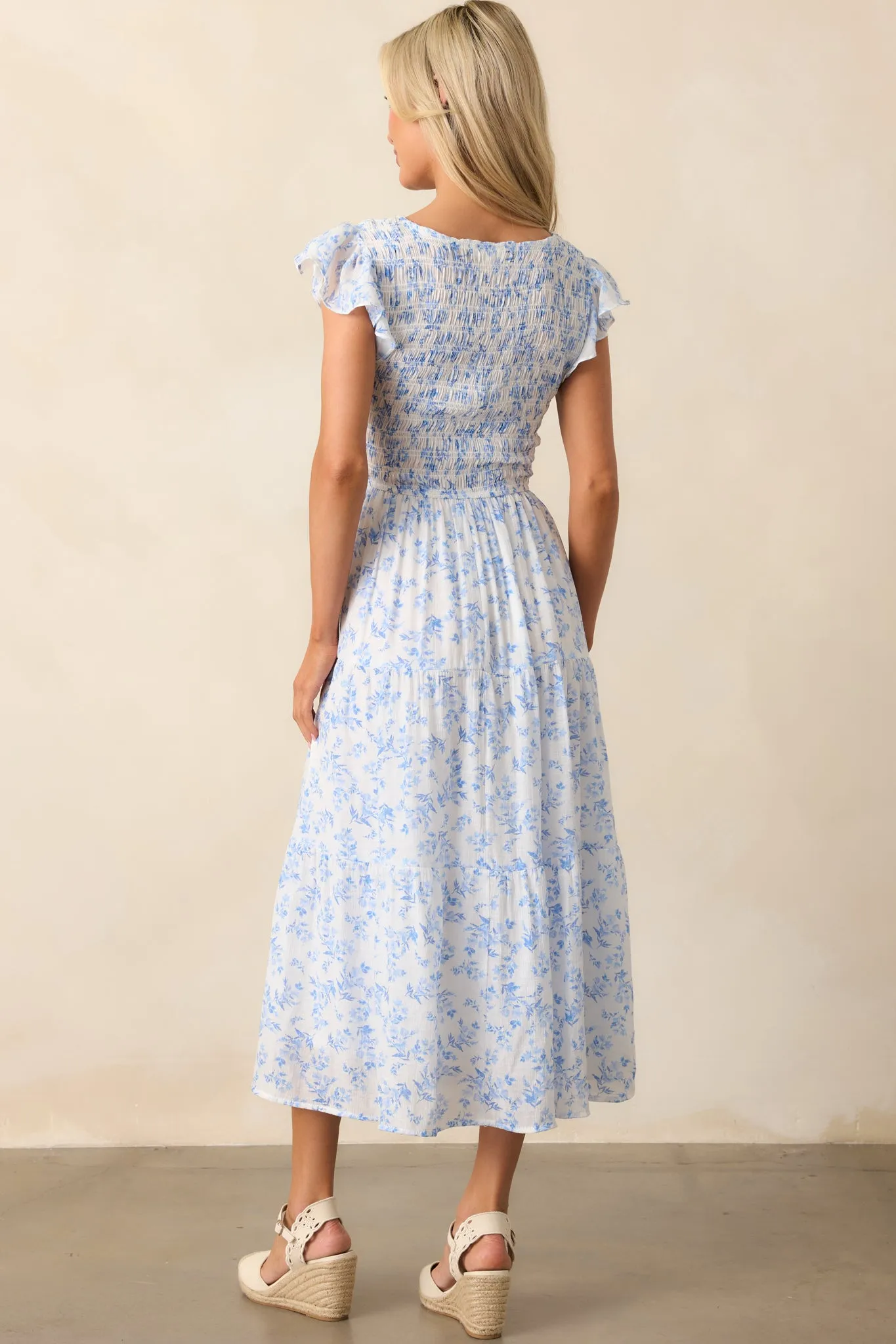 When In Rome Light Blue Floral Smocked Flutter Sleeve Midi Dress