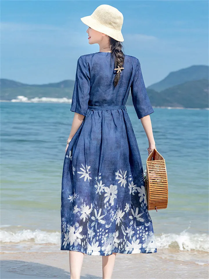 White Flower Print Round Neck Half Sleeve Blue Dress for Lady