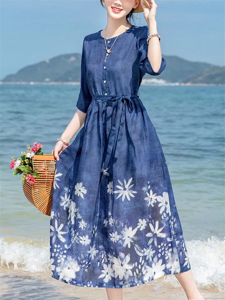 White Flower Print Round Neck Half Sleeve Blue Dress for Lady