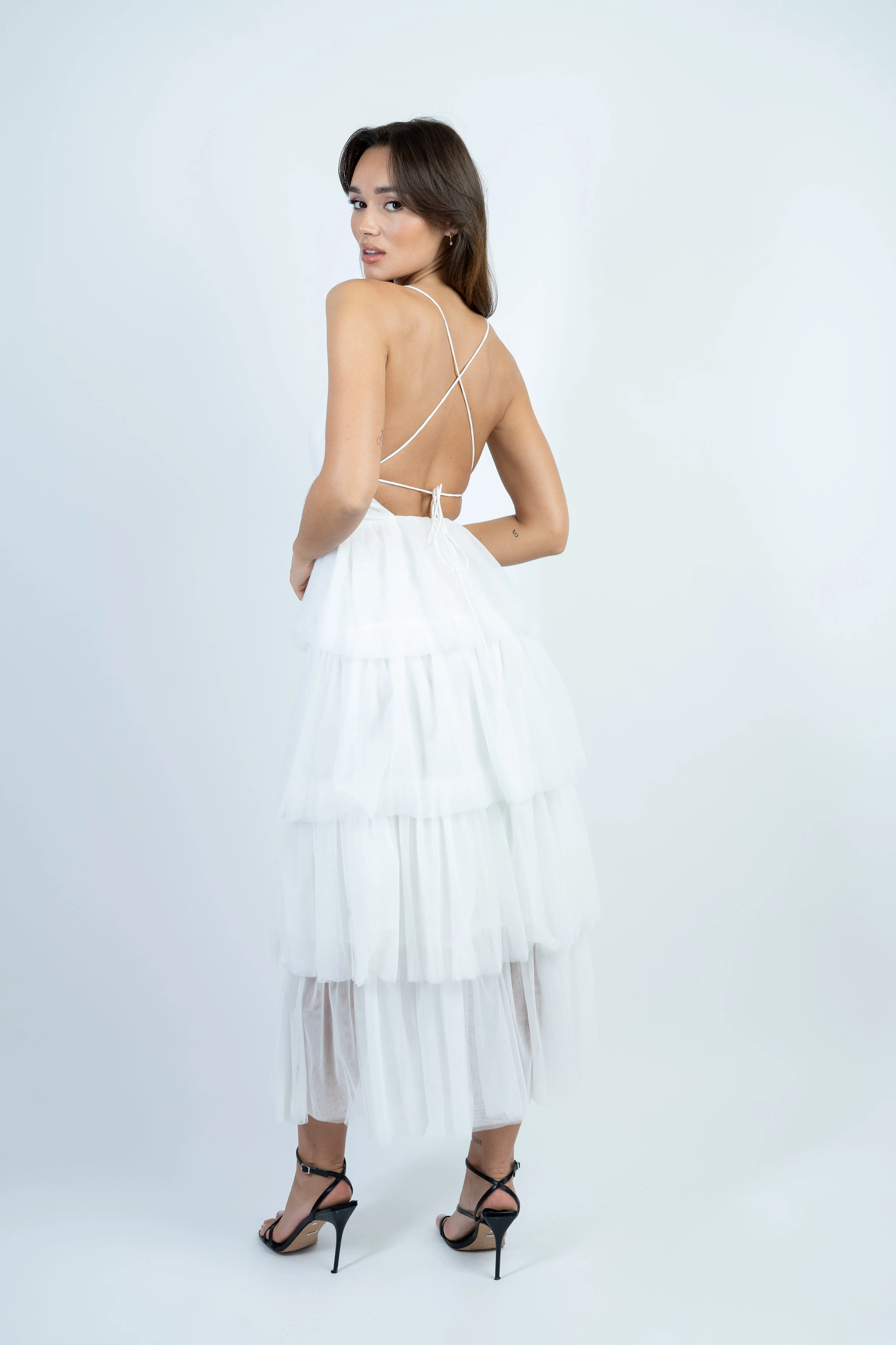 White Layered Mesh Maxi Dress with Back Tie