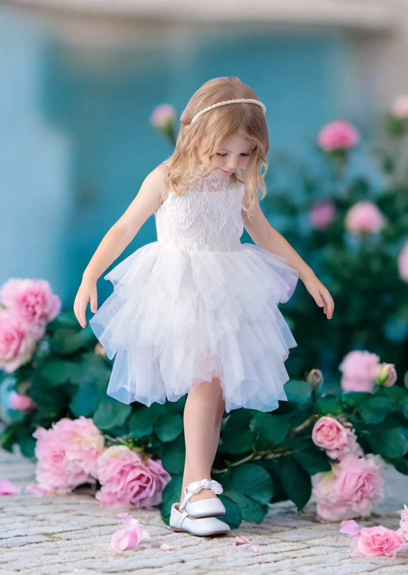 White Layered Tulle Knee Length Flower Girl Dress with Sash