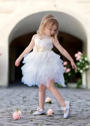 White Layered Tulle Knee Length Flower Girl Dress with Sash