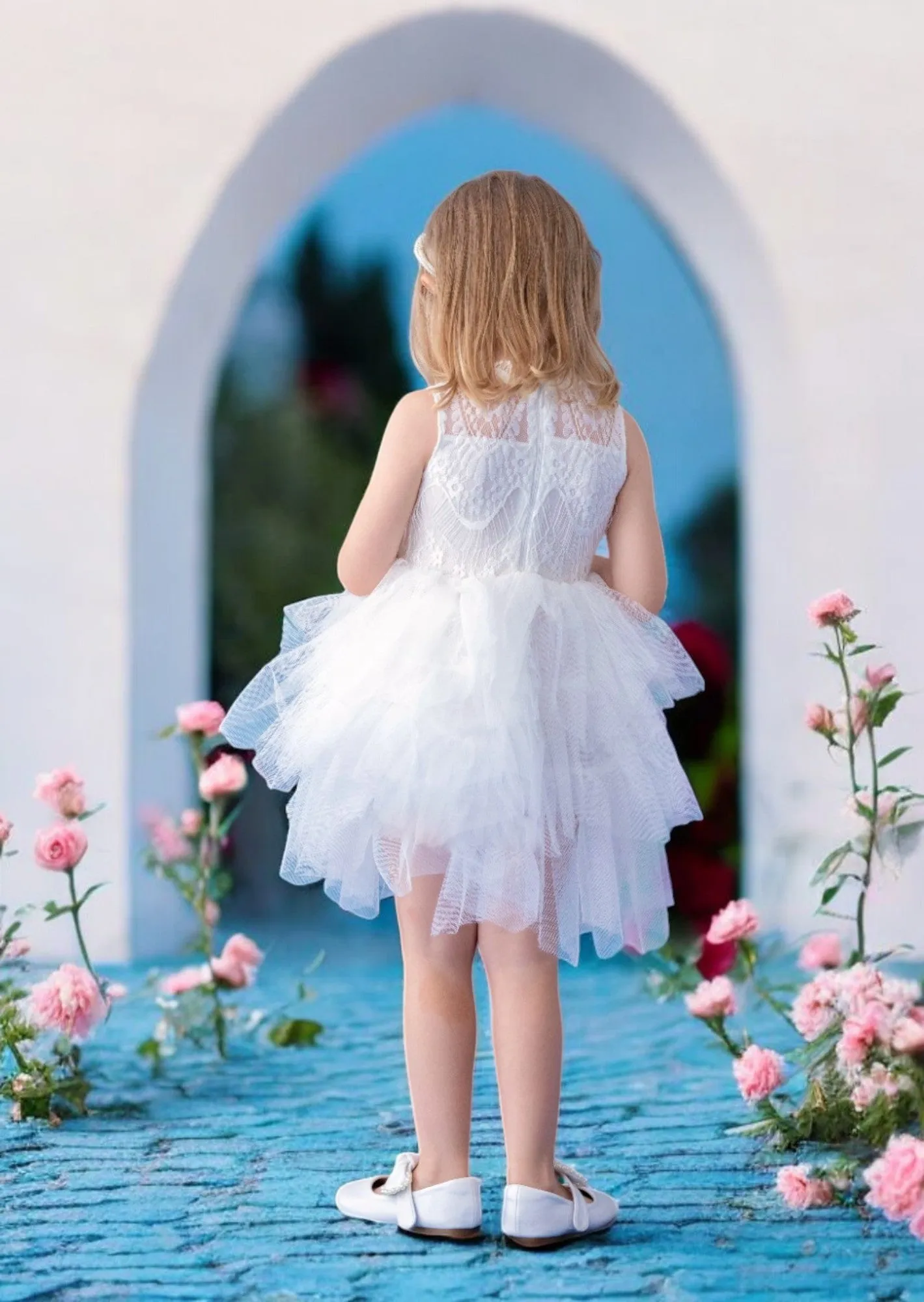 White Layered Tulle Knee Length Flower Girl Dress with Sash