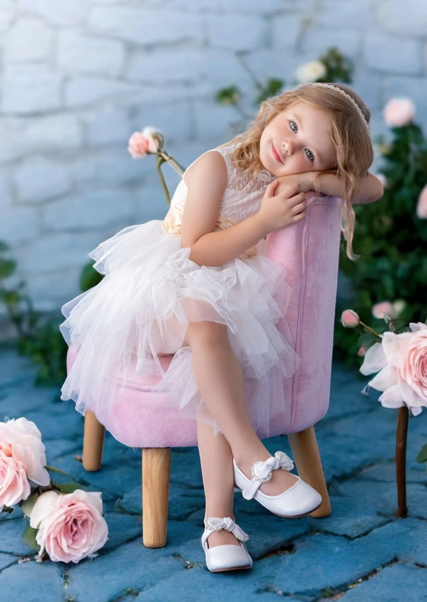 White Layered Tulle Knee Length Flower Girl Dress with Sash