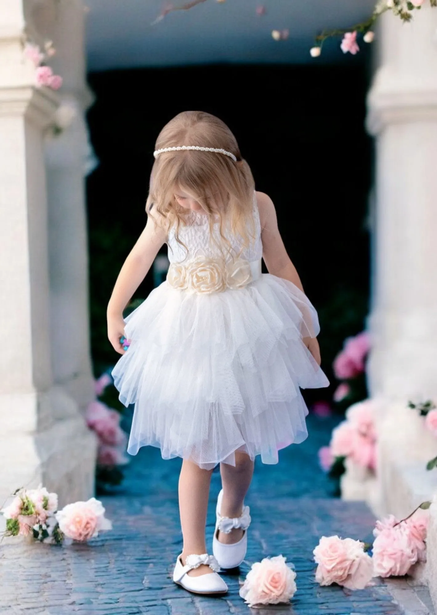 White Layered Tulle Knee Length Flower Girl Dress with Sash
