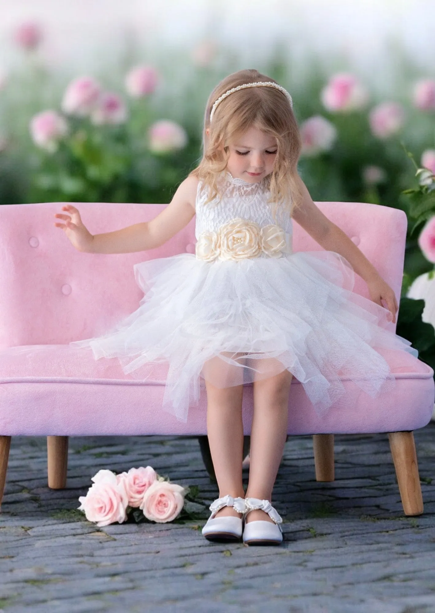 White Layered Tulle Knee Length Flower Girl Dress with Sash