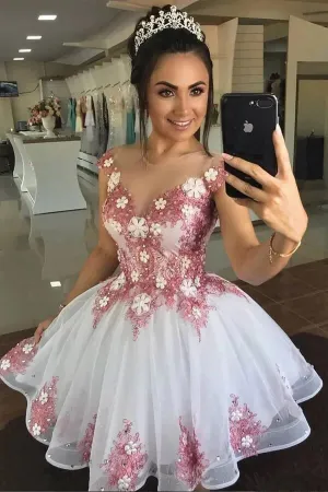 White Tulle A-line Round Neck Homecoming Dresses With Lace Appliques, MH629