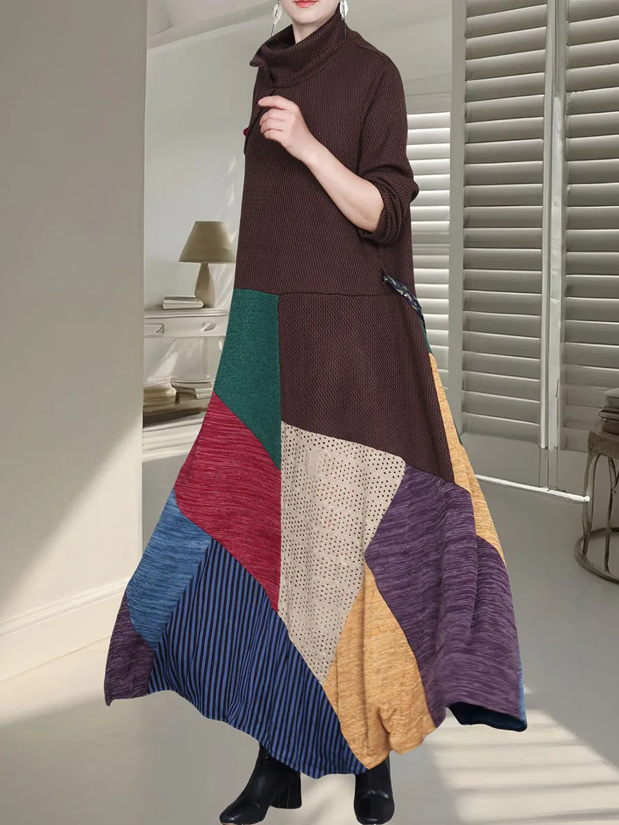 Women Autumn Colorblock Half Turtleneck Knit Dress