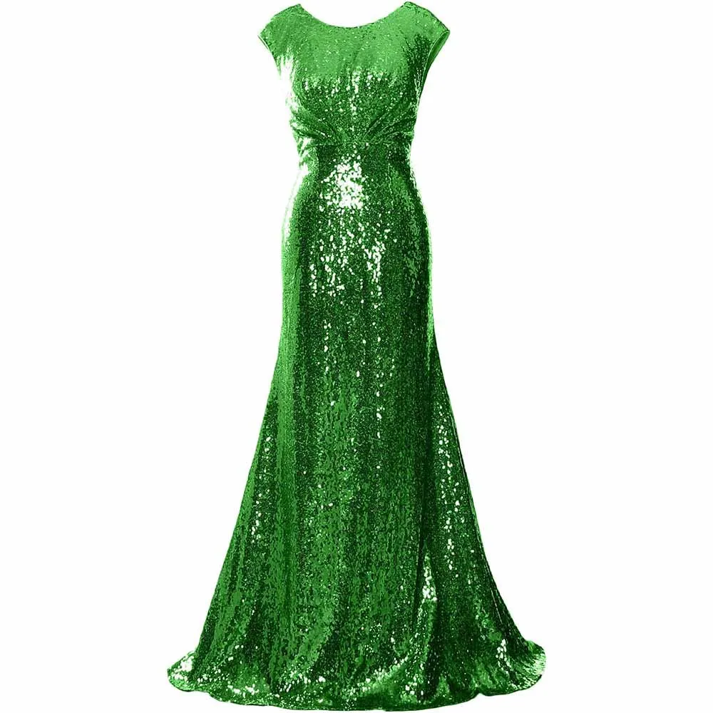 Women Cap Sleeve Sequin Long Wedding Party Dress Bridesmaid Mother Of The Bride Dress