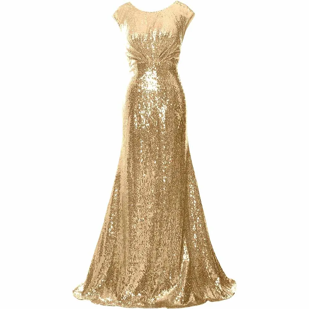 Women Cap Sleeve Sequin Long Wedding Party Dress Bridesmaid Mother Of The Bride Dress