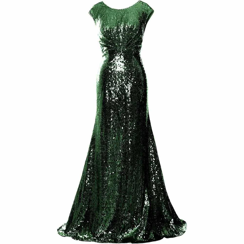Women Cap Sleeve Sequin Long Wedding Party Dress Bridesmaid Mother Of The Bride Dress