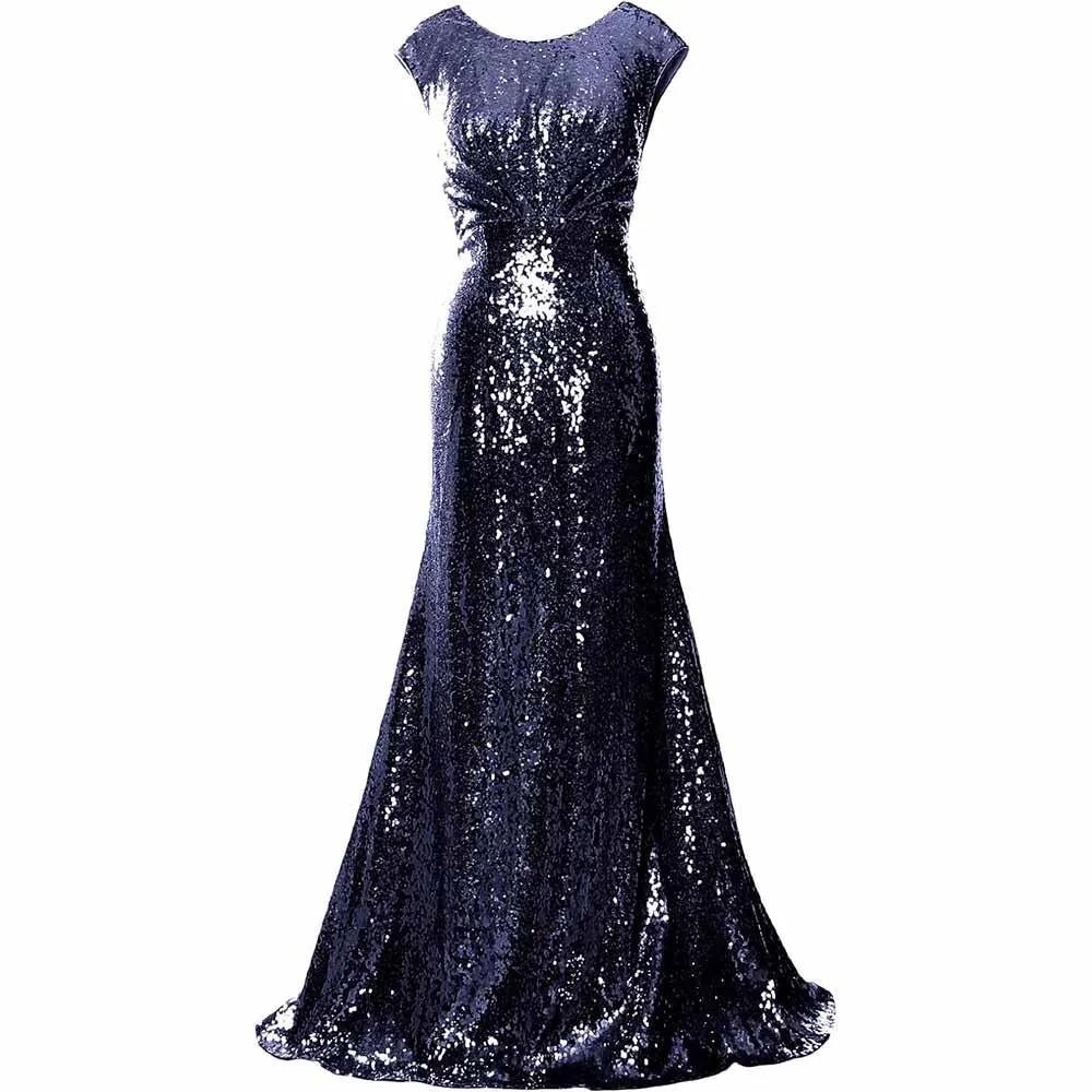 Women Cap Sleeve Sequin Long Wedding Party Dress Bridesmaid Mother Of The Bride Dress
