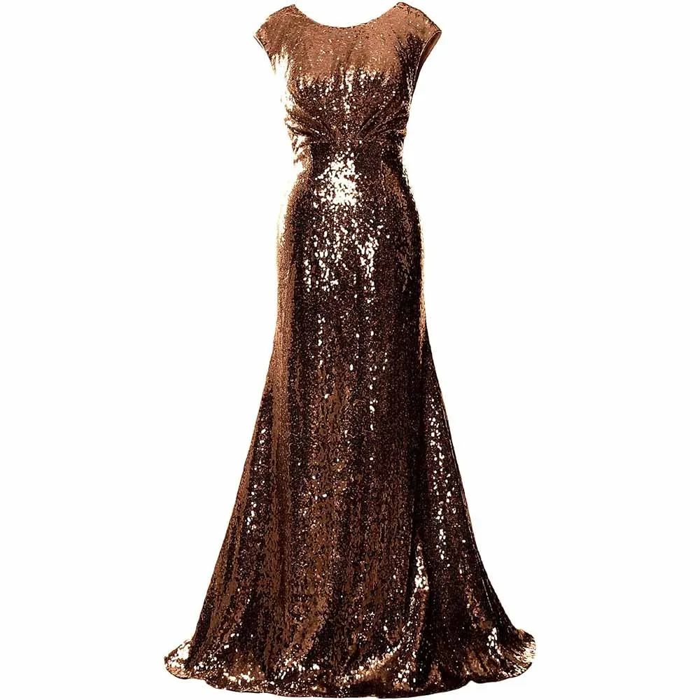 Women Cap Sleeve Sequin Long Wedding Party Dress Bridesmaid Mother Of The Bride Dress