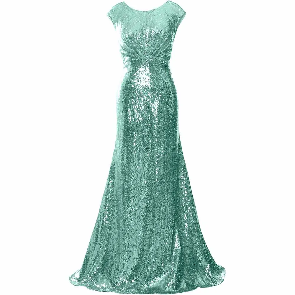 Women Cap Sleeve Sequin Long Wedding Party Dress Bridesmaid Mother Of The Bride Dress