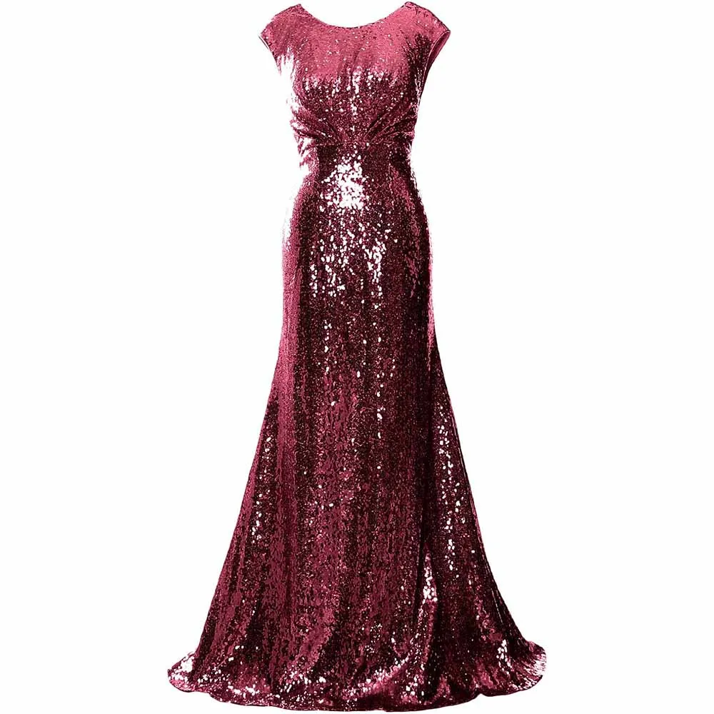 Women Cap Sleeve Sequin Long Wedding Party Dress Bridesmaid Mother Of The Bride Dress