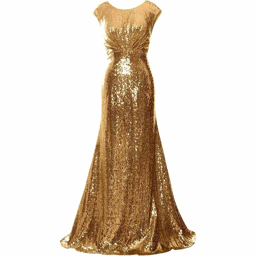 Women Cap Sleeve Sequin Long Wedding Party Dress Bridesmaid Mother Of The Bride Dress