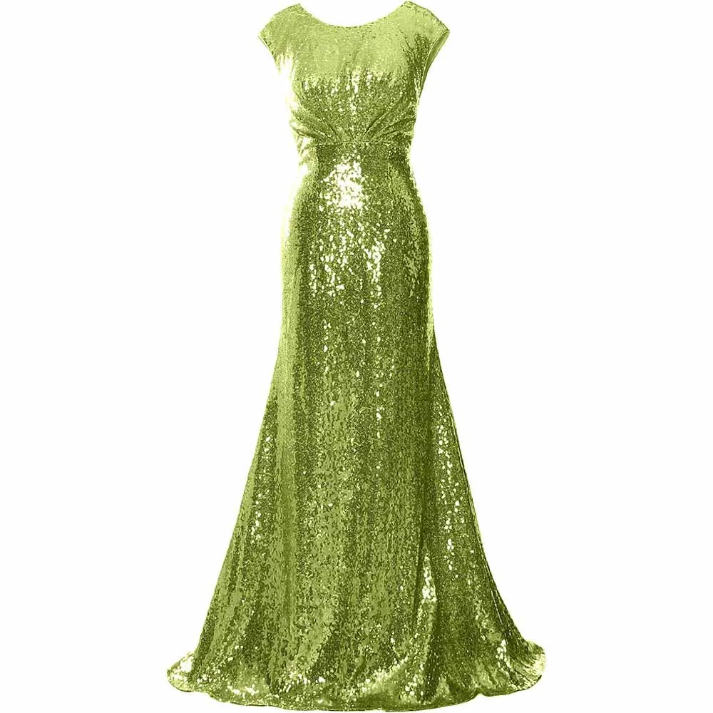 Women Cap Sleeve Sequin Long Wedding Party Dress Bridesmaid Mother Of The Bride Dress