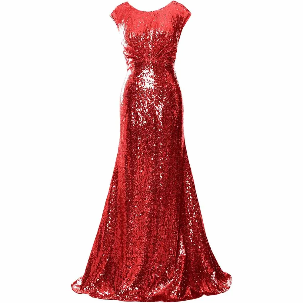 Women Cap Sleeve Sequin Long Wedding Party Dress Bridesmaid Mother Of The Bride Dress