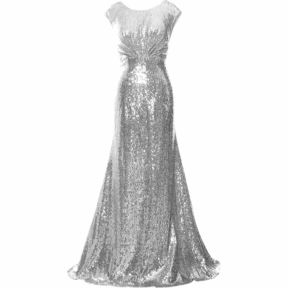 Women Cap Sleeve Sequin Long Wedding Party Dress Bridesmaid Mother Of The Bride Dress