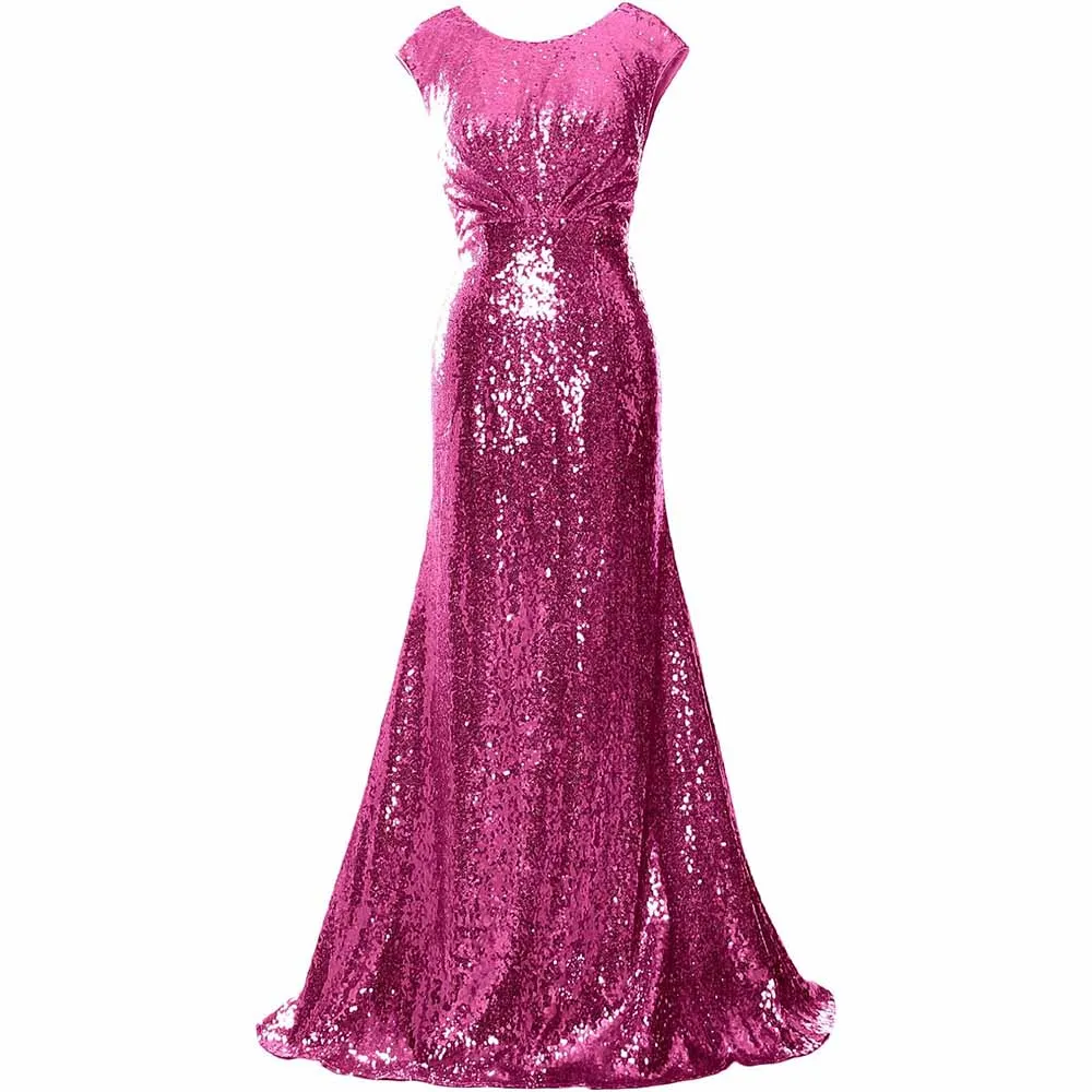 Women Cap Sleeve Sequin Long Wedding Party Dress Bridesmaid Mother Of The Bride Dress