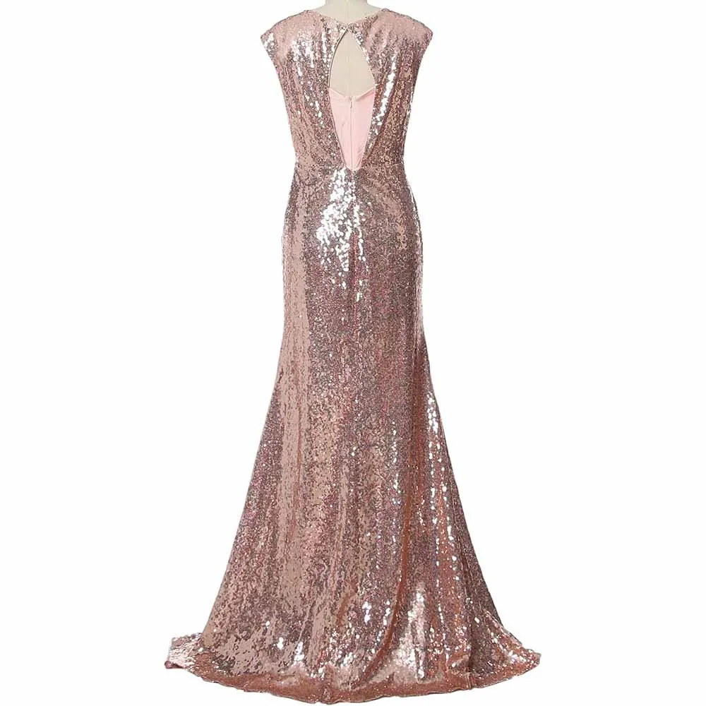 Women Cap Sleeve Sequin Long Wedding Party Dress Bridesmaid Mother Of The Bride Dress