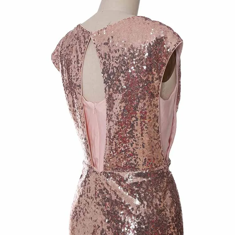 Women Cap Sleeve Sequin Long Wedding Party Dress Bridesmaid Mother Of The Bride Dress