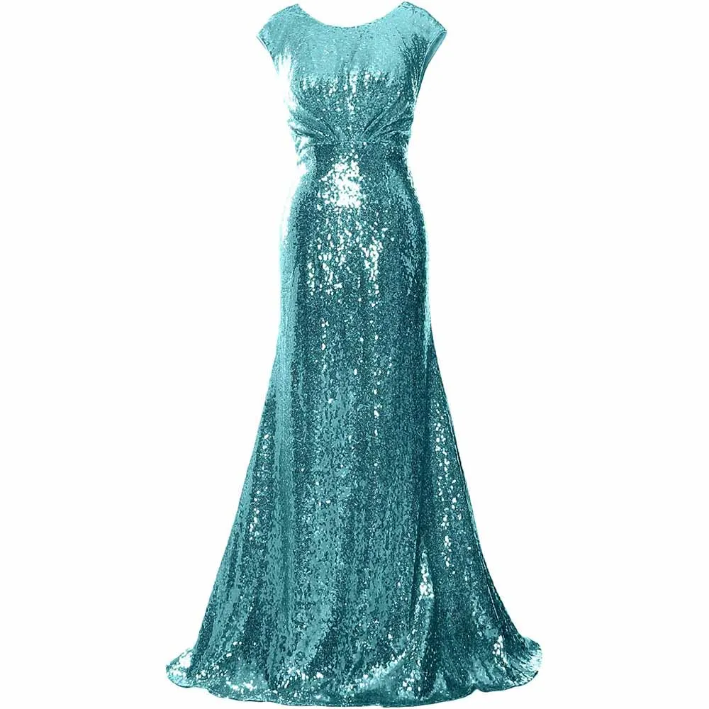 Women Cap Sleeve Sequin Long Wedding Party Dress Bridesmaid Mother Of The Bride Dress
