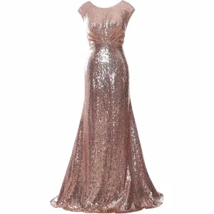 Women Cap Sleeve Sequin Long Wedding Party Dress Bridesmaid Mother Of The Bride Dress