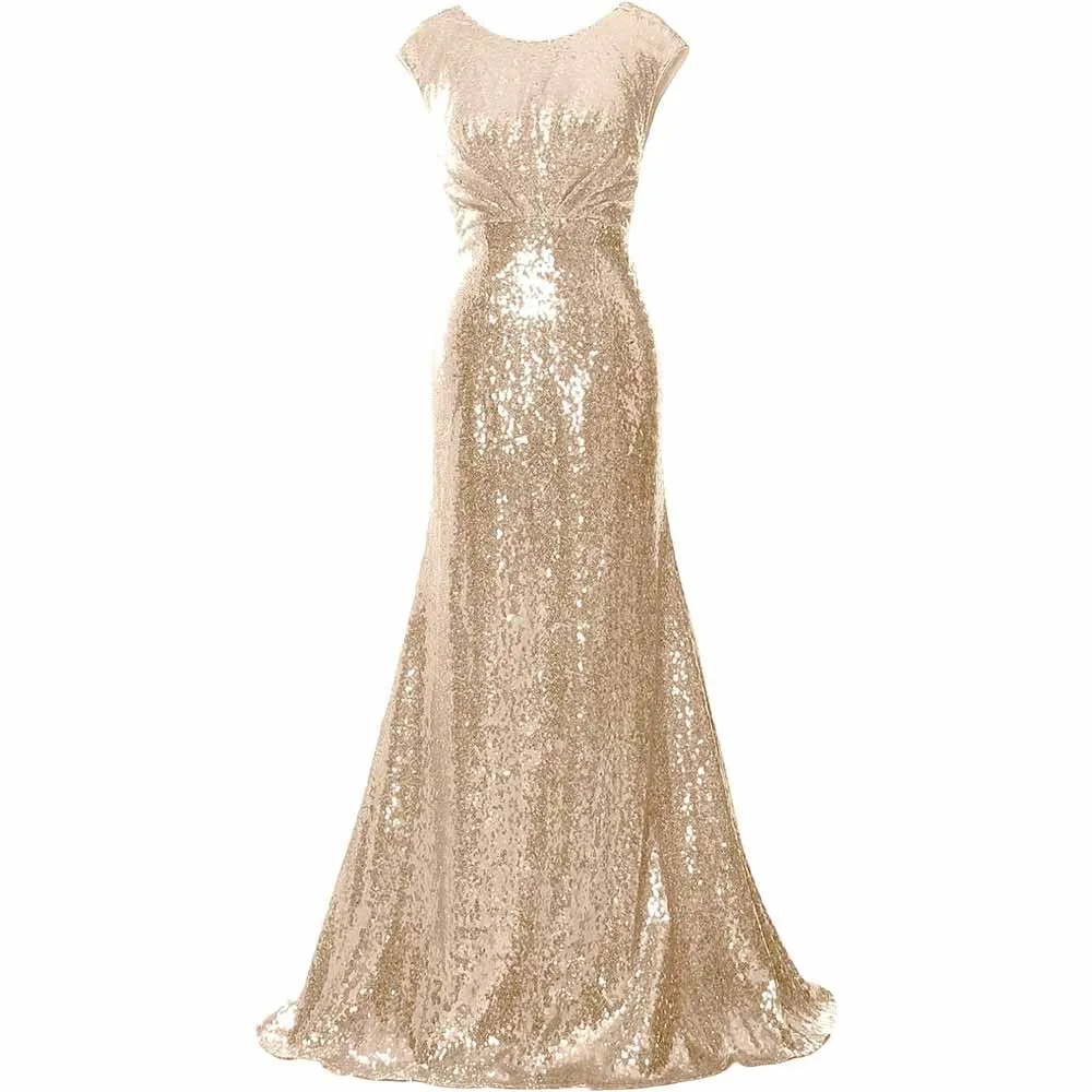 Women Cap Sleeve Sequin Long Wedding Party Dress Bridesmaid Mother Of The Bride Dress