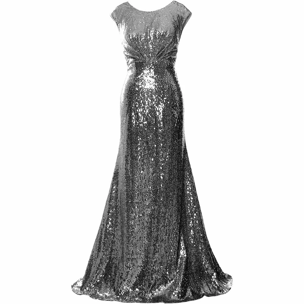 Women Cap Sleeve Sequin Long Wedding Party Dress Bridesmaid Mother Of The Bride Dress