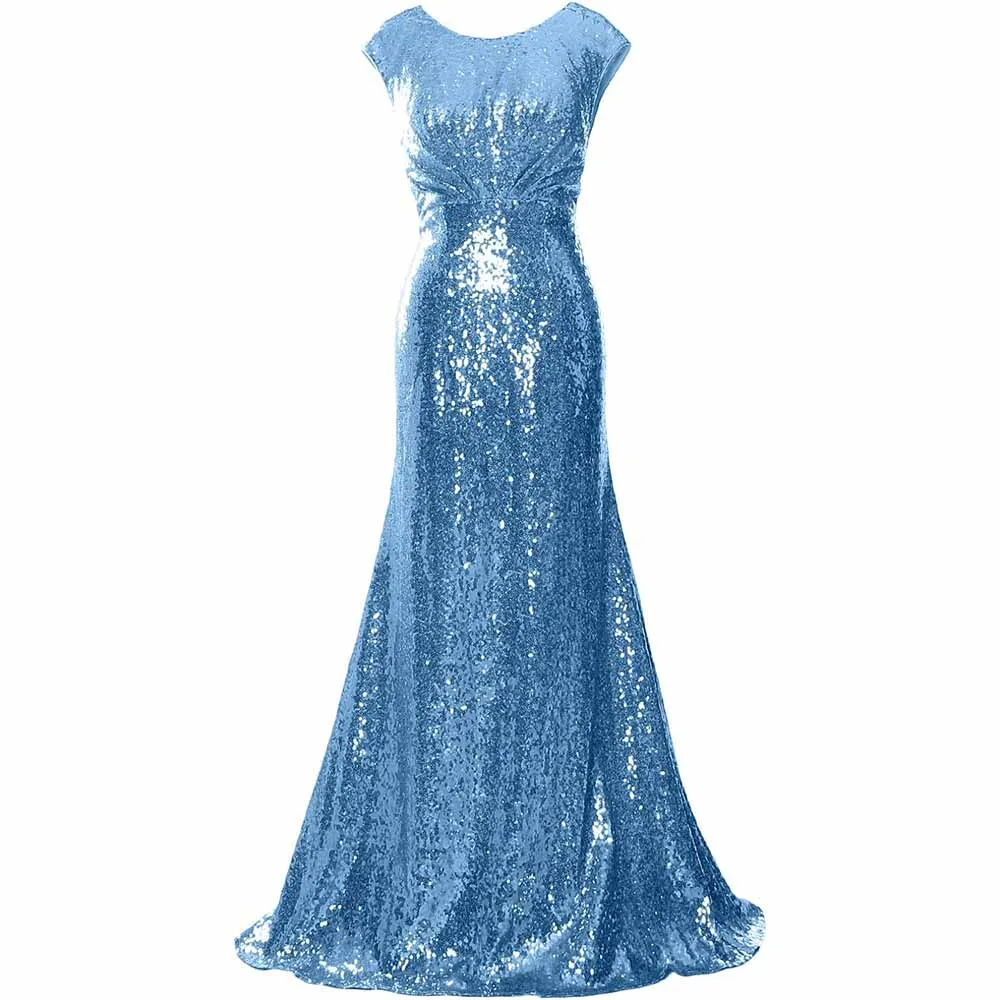 Women Cap Sleeve Sequin Long Wedding Party Dress Bridesmaid Mother Of The Bride Dress