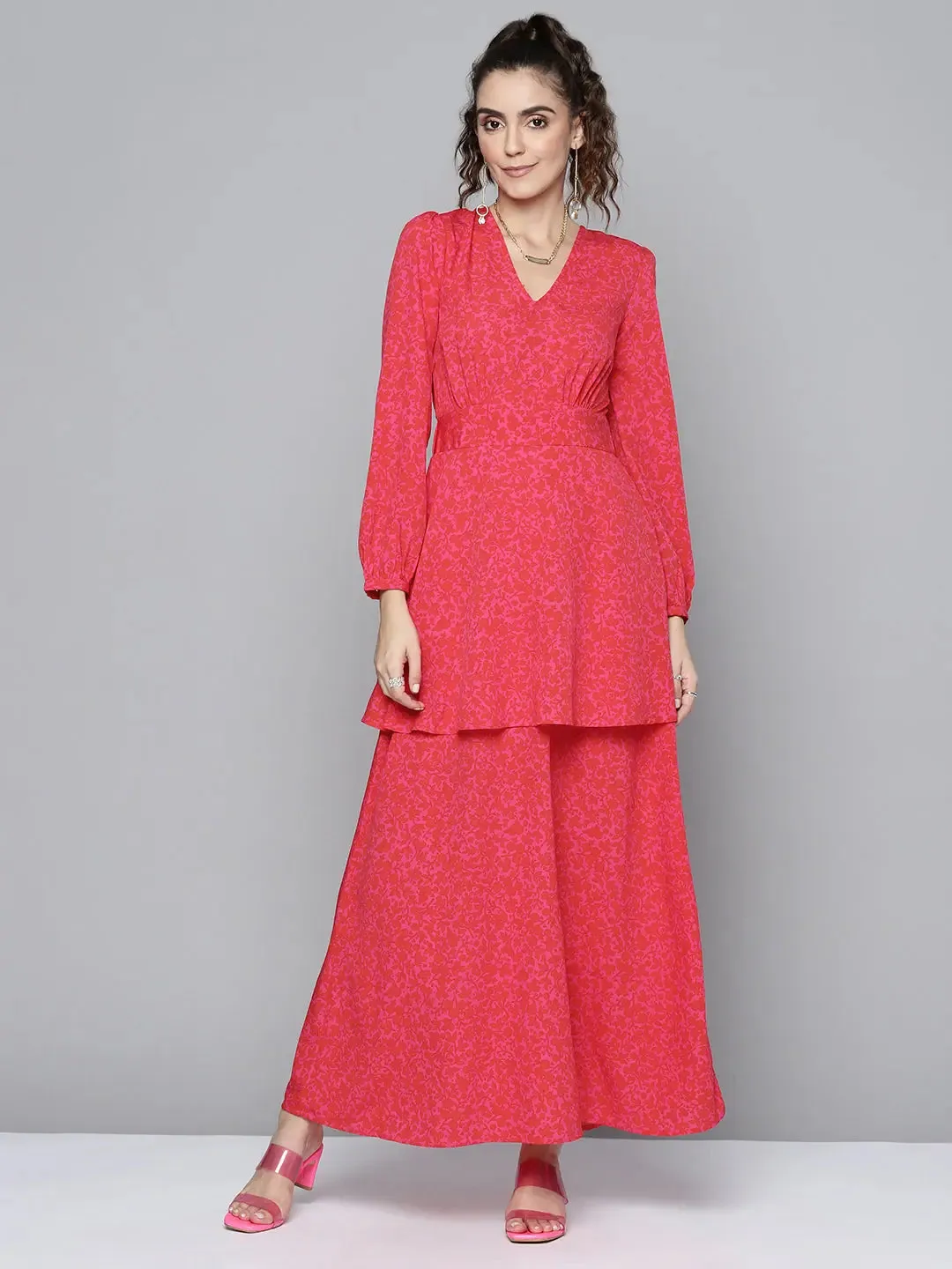 Women Fuchsia Floral V-Neck Layered Maxi Dress