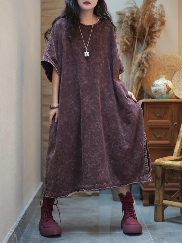 Women Summer Worn Split Hem O-Neck Cotton Dress