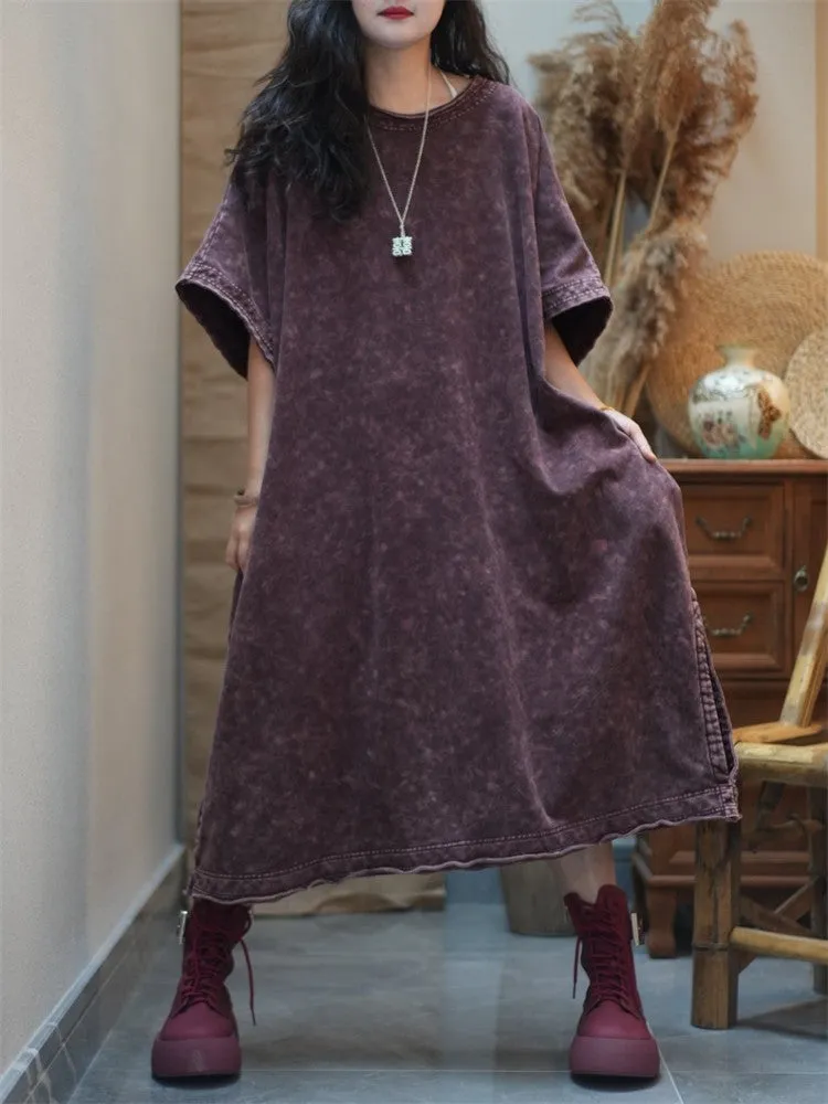Women Summer Worn Split Hem O-Neck Cotton Dress