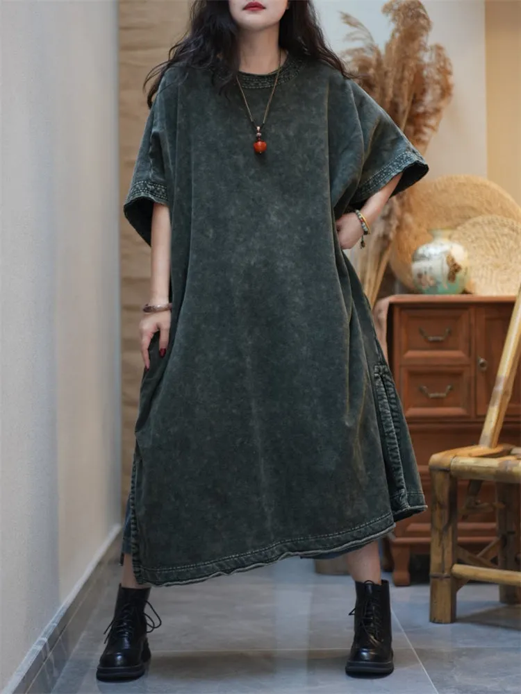 Women Summer Worn Split Hem O-Neck Cotton Dress