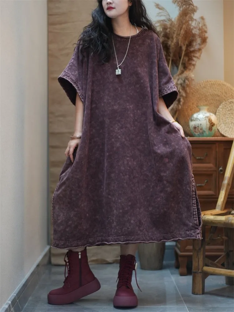 Women Summer Worn Split Hem O-Neck Cotton Dress