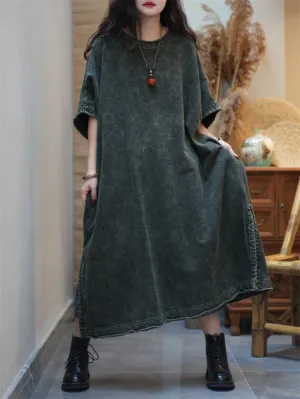 Women Summer Worn Split Hem O-Neck Cotton Dress