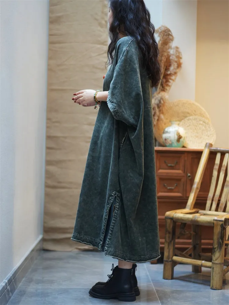 Women Summer Worn Split Hem O-Neck Cotton Dress