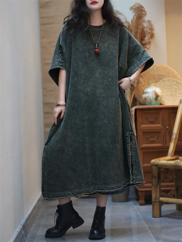 Women Summer Worn Split Hem O-Neck Cotton Dress
